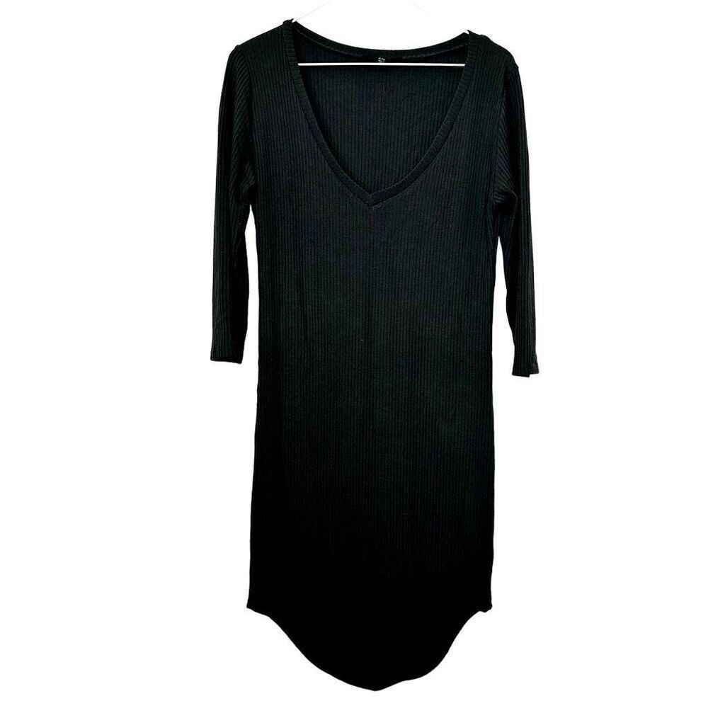 Revamped Ribbed V-neck Quarter Sleeve V-NeckโTunic Sweater Dress BlackโXL